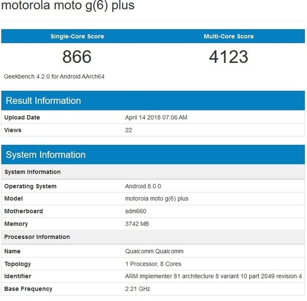 moto G6 Plus跑分曝光 搭载骁龙660双摄