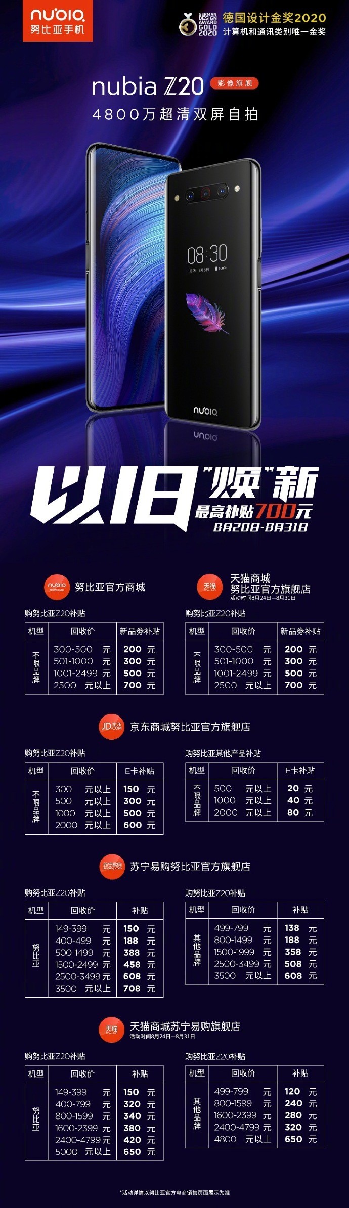 4800万双屏自拍新高度 努比亚Z20以旧换新最高补700